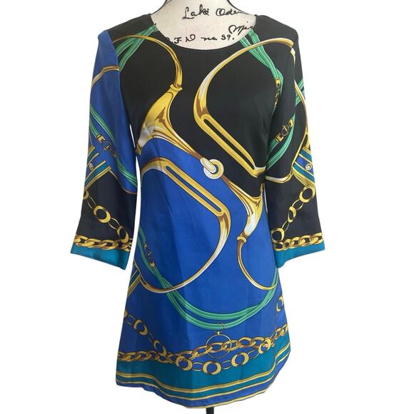 JULIE BROWN SHEATH DRESS 100% SILK SZ 0 EQUESTRIAN PRINT ECLECTIC CHIC COCKTAIL - Picture 11 of 16